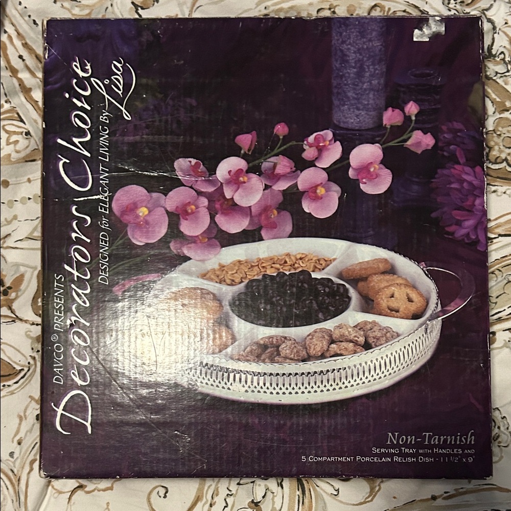 Davco serving tray with handles & 
5 compartment porcelain relish dish 
11.5”x9”